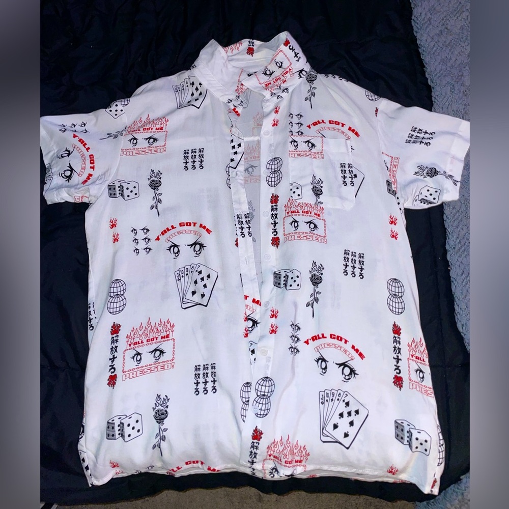white button down with symbols